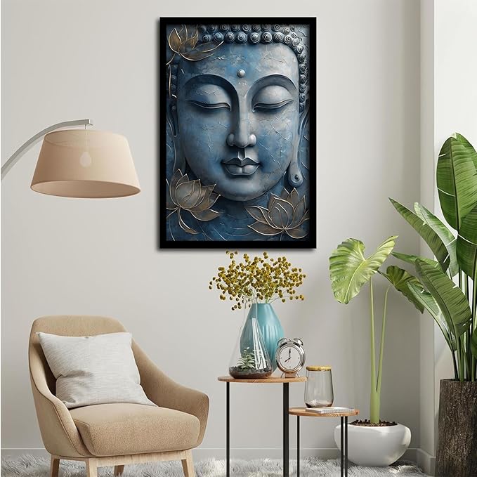 Canvas wall art Golden lotus crown Serene Buddha poster Ethereal blue toned art with delicate floral decor Zen wall art for a tranquil meditation space 16x24in Metal blackFramed