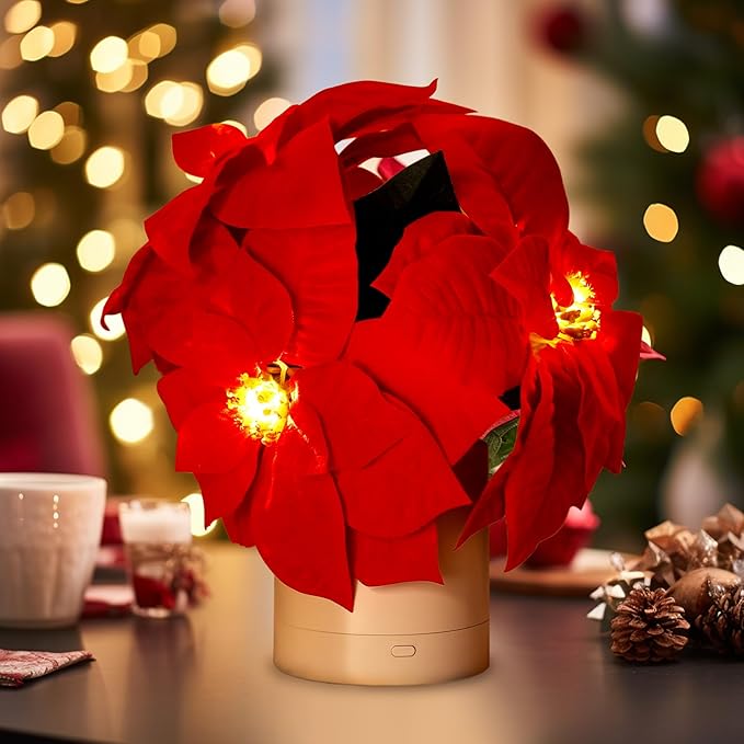 WSYEAR Red Poinsettias Artificial Christmas Flowers Lamp - Holiday Decorations and Ornaments for Xmas, New Year, Wedding Party, Seasonal Decor