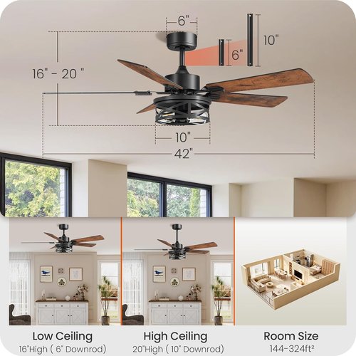 Farmhouse Ceiling Fan - 42 Inch with Remote, Timer & Dual Finish Blades | Rustic Walnut & Black