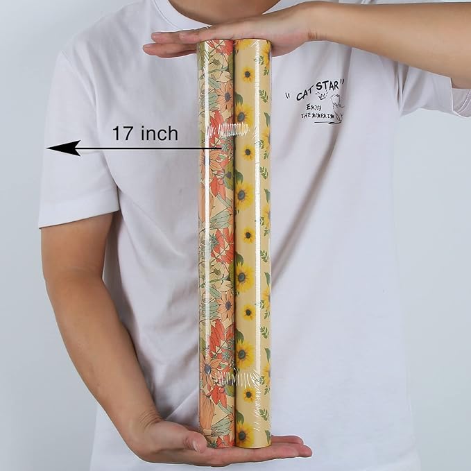 Aimyoo Kraft Floral Wrapping Paper Bundle, Vintage Sunflower Flower Gift Wrap Paper for Wedding Bridal Shower Birthday Rolls of 4, 17 in x 16 ft per Roll