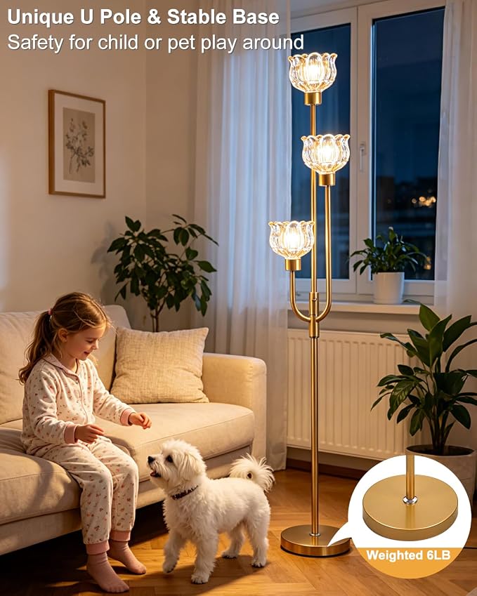 Lightdot 3-Lights Modern Glass Floor Lamp 66IN Gold Dimmable Floor Lamps with 3000K Warm White Bulbs for Wedding Party Tall Standing Lamp with Amber Glass Shade for Living Room/Bedroom/Home Decor