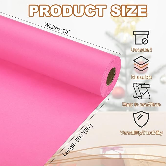 PATIKIL Wrapping Paper, 15" x 800"(66') 70 GSM Craft Paper Roll Kraft Packing Paper for Poster Bulletin Board, Gift Wrapping, Pink