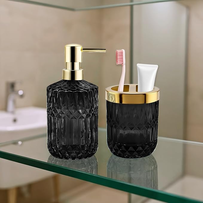 2Pcs Black Bathroom Accessories Set, Glass Bathroom Accessories, Vintage Bathroom Countertop Decoration Includes Soap Dispenser, Toothbrush Holder