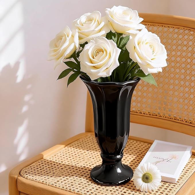 Black Fluted Ceramic Vase with Pedestal Base, 10 Inch Tall Modern Flower Vase for Dining Table Decor, Centerpieces, Countertops, Decorative Vases for Home Decor, Living Room, Kitchen, Wedding