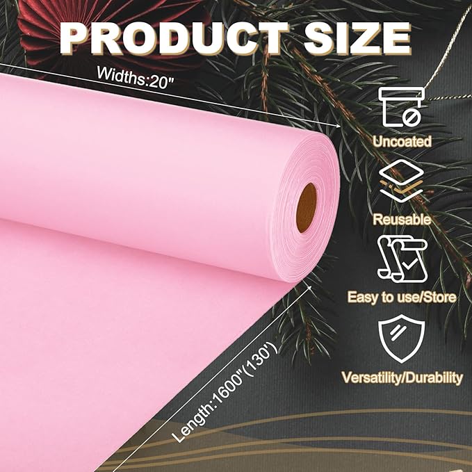 PATIKIL Wrapping Paper, 20"x1600"(130') Bulletin Board Paper Roll Kraft Paper Roll Construction 80GSM for Shipping Packing Gift Wrapping Craft Flower Bouquet Christmas, Pink