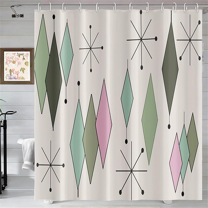 Mid Century Shower Curtain Modern Abstract Green Pink Diamond Geometric Atomic Starburst Pattern for 1950s Retro Bathroom Decor Accessories Shower Curtain Set with 12 Hooks, 60x72 Inches