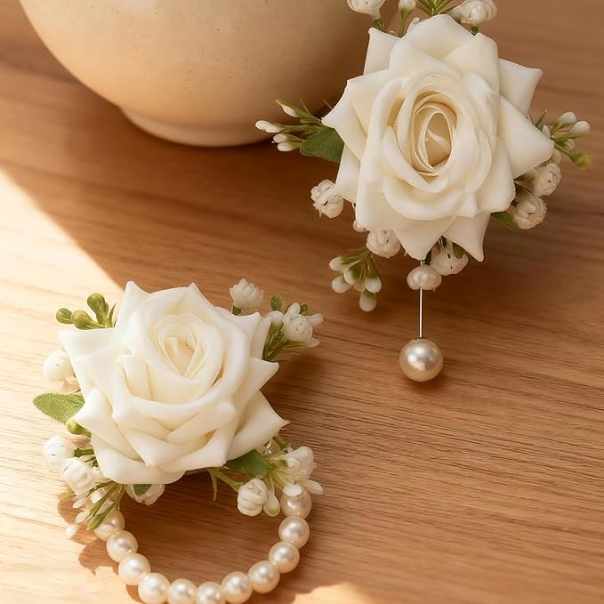 6 PCS Artificial Flowers Wrist Corsage Wristlet Band，Wedding Ball Accessories for Brides, Grooms, Bridesmaids