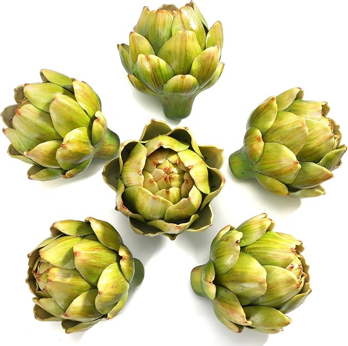 Peohud 6 Pack Large Green Artificial Artichokes, Fake Vegetables and Faux Fruits for Home Kitchen Wedding Party Bowl Vase Filler Decorations