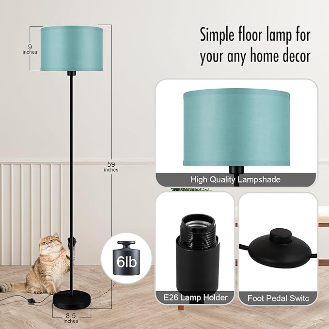 AUQUEE 58" Small Floor Lamp with Foot Pedal Switch, Modern Standing Lamp with Green Linen Shade, Corner Reading Floor Lamps for Bedroom, Office, Apartment & Small Spaces - Black Pole Lamp