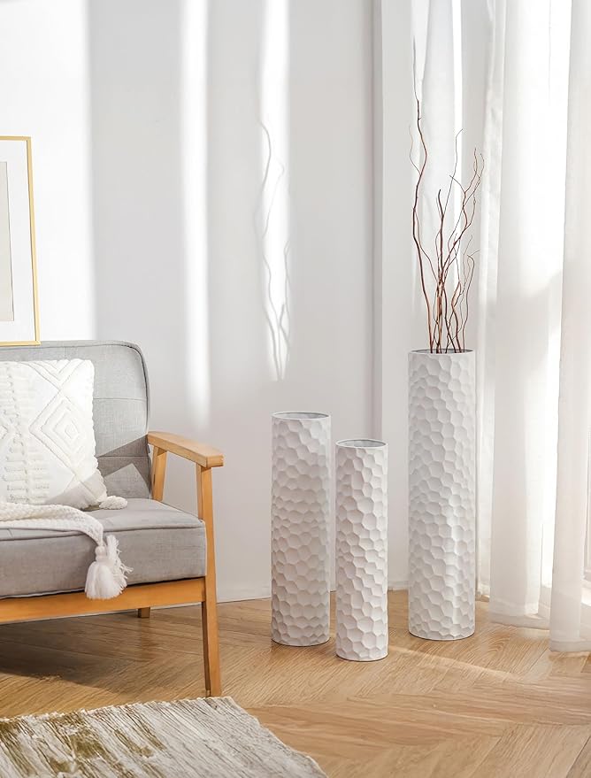 Sziqiqi Tall Vases Floor Standing: White Extra Large Floor Vase for Living Room 27.6/21.7in - Metal Tall Flower Vase for Pampas Grass - Modern Home Decor for Bedroom Office Hallway Corner