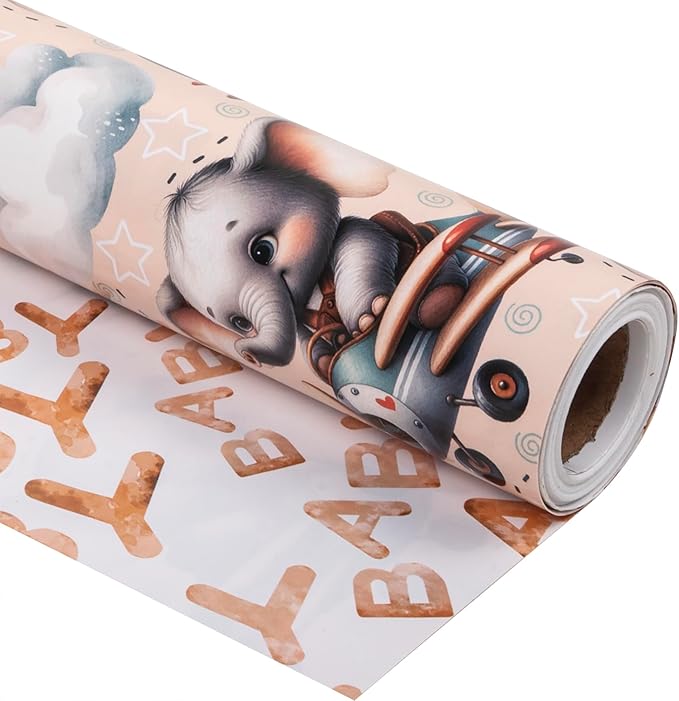Altarho Reversible Baby Elephant Wrapping Paper Roll For Kids Boys Girls Elephant in Airplane with Baby Words Design Gift Wrap Sheets for Neutral Baby Shower Birthday Party Decoration Total 28.5sq.ft