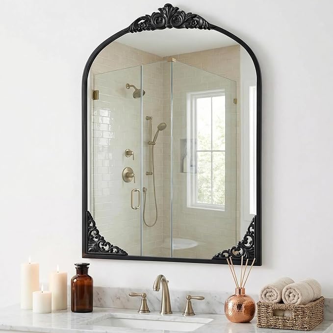 Vintage Arched Mirror 26x38 Inch Black Bathroom Mirror Antique Ornate Baroque Mirror for Living Room Entryway Bathroom Fireplace