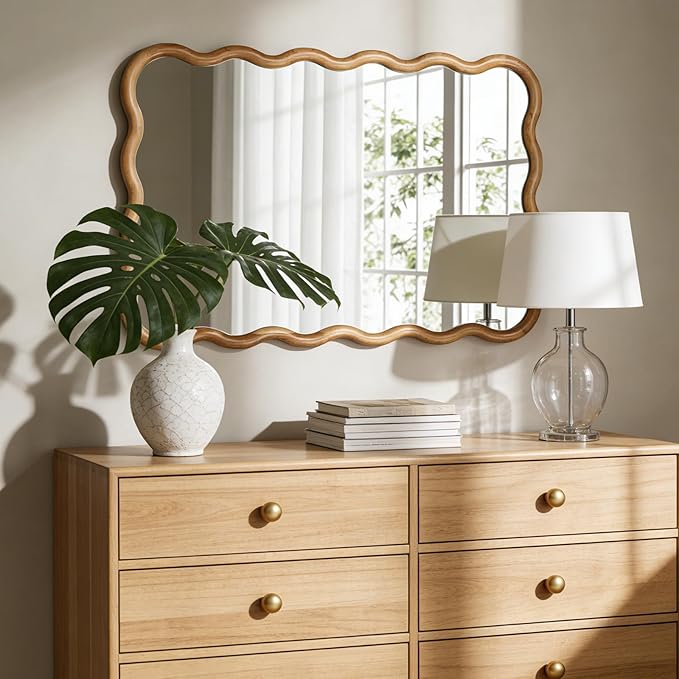 WallBeyond 24"x36" Wavy Wood Mirror, Natural Wood Boho Accent Wall Mirror with Wooden Frame, Decorative Wall Mounted Mirror for Horizontal or Vertical Hanging in Bathroom, Bedroom, Living Room