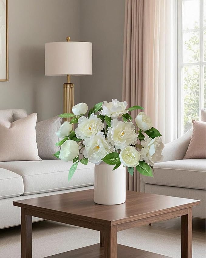 Premium White Peonies Artificial Flowers, Bulk Fake Silk Peony Flowers with Stems, Faux Florals for DIY Wedding Bridal Bouquets, Floral Arrangements, Table Centerpieces, Home Decorations