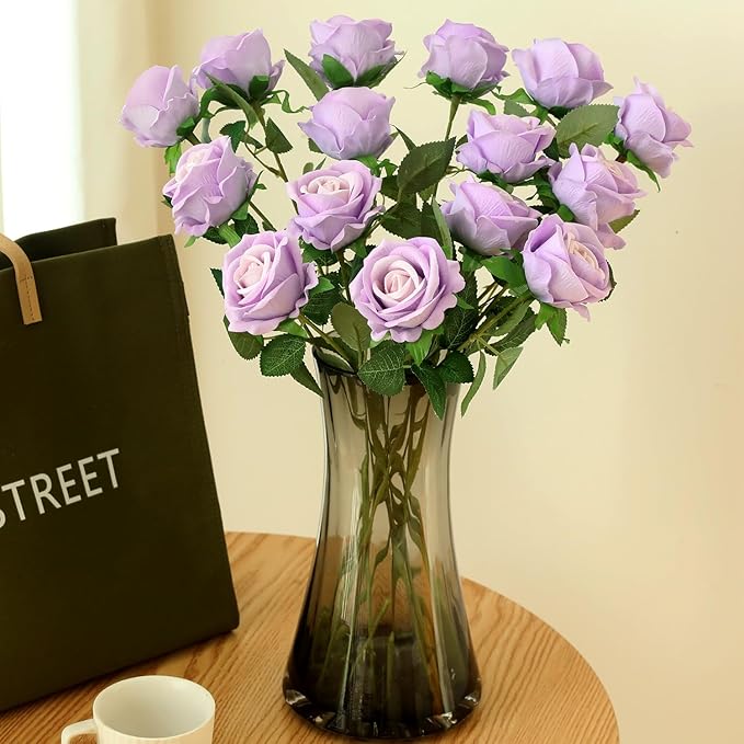15Pcs Pearl Purple Roses Artificial Flowers Fake Roses Long Stem Velet Rose Silk Flowers for Home Wedding Decoration (Pearl Roses,Purple)