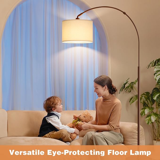 Ambimall Dimmable Arc Floor Lamp with Remote, Color Temperatures and Brightness Adjustable, Arched Floor Lamp with Rotating Head, Over Couch Arched Reading Light for Living Room (Deep Beige and Brown)
