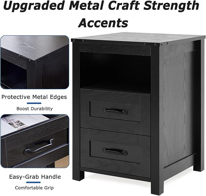 Farmhouse Night Stand, Rustic Black Nightstand for Bedroom, End Tables Without Charging Station, Bedside Table with Drawers, Wood Bedside Cabinet Dresser