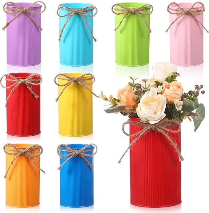 Domensi 5.91 in High Farmhouse Vase Decor Galvanized Metal Flower Vase with Twine Bow Vintage Rustic Tin Flower Buckets for Artificial Floral Table Container DIY (Multicolor,8 Pcs)