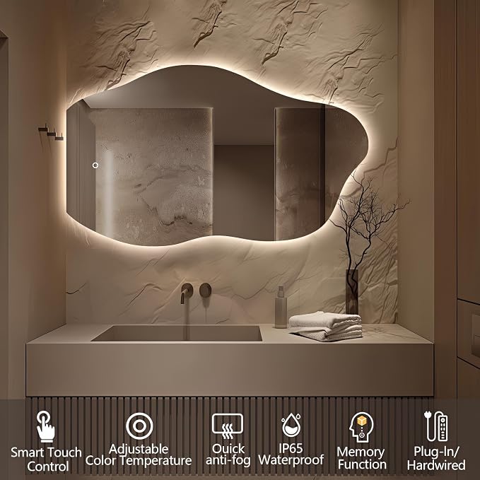 Niccy Irregular LED Bathroom Mirror, 24"x40" Asymmetrical Backlit Vanity Wall Mirrors, Frameless Lighted Mirrors for Bedroom, Living Room, Modern Smart-Mirror with Anti-Fog, Dimmable, Memory Function