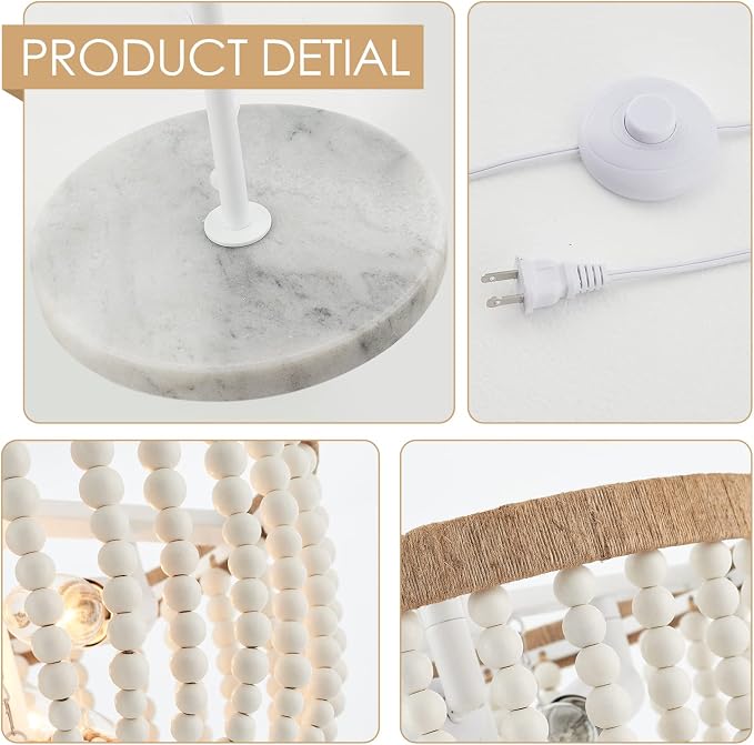 VILUXY Boho Floor Lamp with White Wood Beaded Shade for Bedroom, Living Room, Girl Room 3-Light