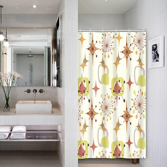 Mid Century Shower Curtain, 48x72inch, Modern Abstract Retro Yellow Striped Geometric Shower Curtain Sets 1950s Boho Bathroom Shower Curtain with 8 Hooks