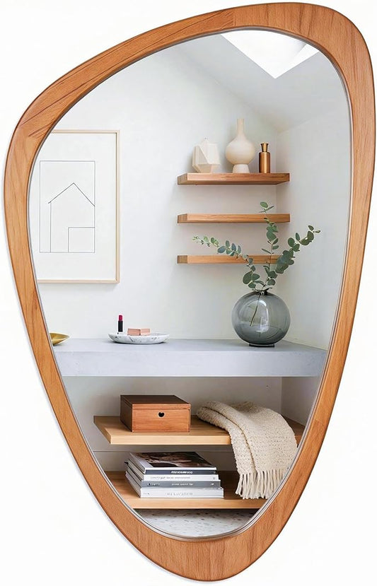 Irregular Wall Mirror Asymmetrical Bathroom Mirror, Wall Mounted Decorative Mirror with Wooden Frame for Living Room, Vanity, Bedroom, Entryway, Hallway (19" x 30")
