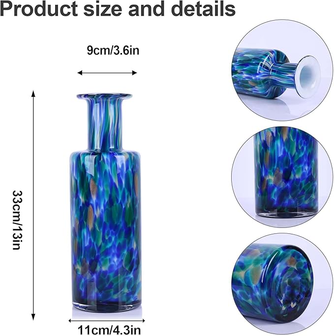 Hand Blown Glass Vase Teal Mosaic – Blue Green Art Glass Vase with Wide Mouth, Murano Style Bubble Vase, Unique Coastal Glass Decor for Dining Table, Living Room, Entryway or Beach Home Accent (Green)