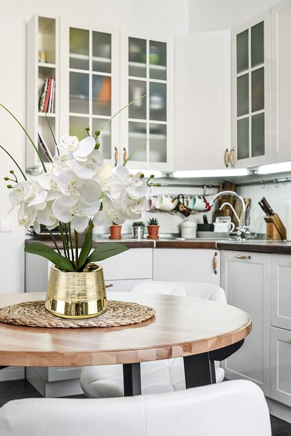 Oairse Artificial White Phalaenopsis Orchid Flower Arrangements Faux Orchid Flower in Gold Pot Orchid Centerpiece for Dining Room Table