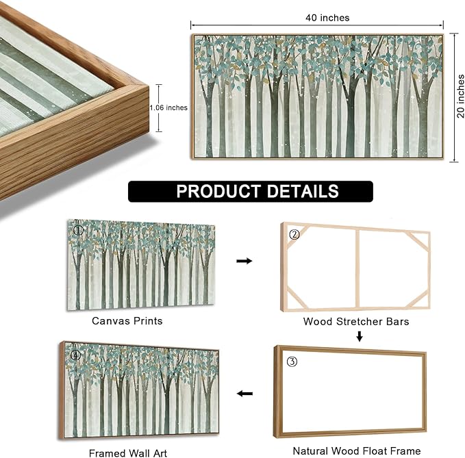 VEAEE Framed Birch Tree Wall Art - Living Room Wall Decor, Abstract Nature Forest Landscape Canvas Pictures, Teal Trees Paintings - Scenic Picture and Modern Home Decor for Bedroom Office 20" x 40"