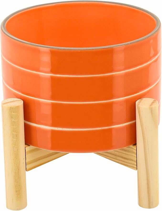 Striped Ceramic Planters with Wooden Stand as Home Decor Flower Pots for Entryway, Patio, Tabletop, and Garden - Small Colorful Decorative Pots for Indoor and Outdoor Plants - 6", Orange & Tan