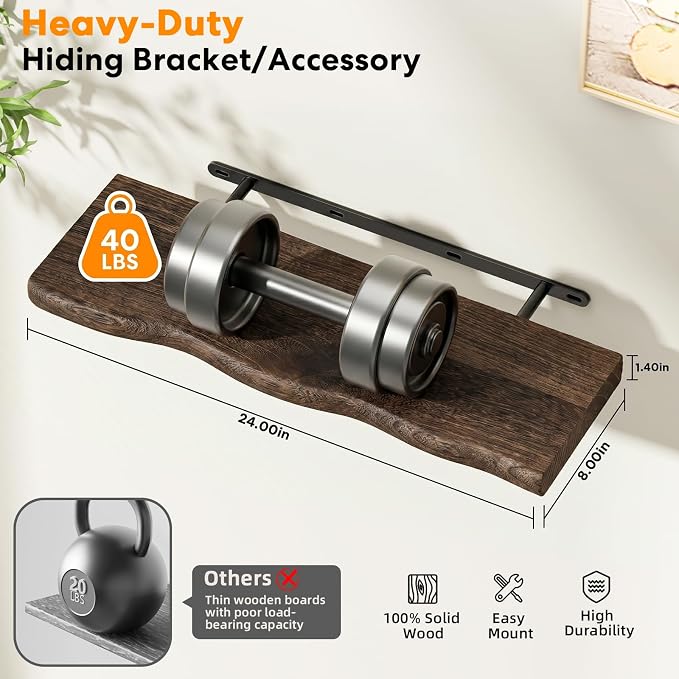 Solid Wood Live Edge Floating Shelves Set of 2 – 24" Rustic Wall Shelf with Hidden Bracket System, Wall Mounted Shelves for Bathroom, Kitchen, Living Room, Bedroom (Charcoal Brown)