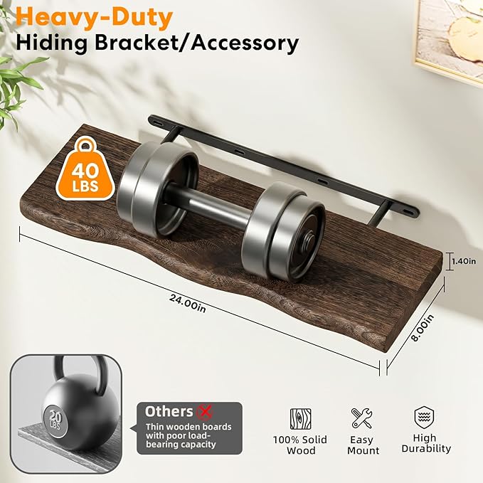 Solid Wood Live Edge Floating Shelves Set of 2 – 36" Rustic Wall Shelf with Hidden Bracket System, Wall Mounted Shelves for Bathroom, Kitchen, Living Room, Bedroom (Charcoal Brown)