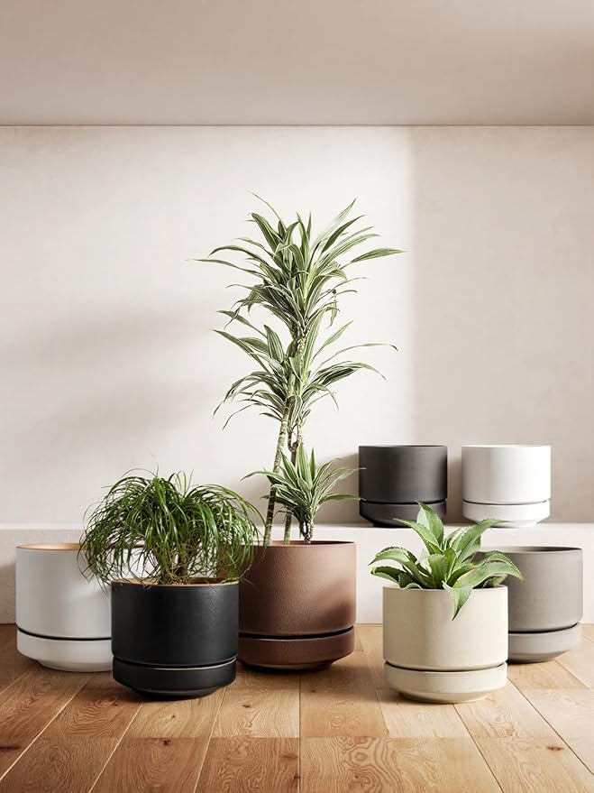 LE TAUCI Large 14 Inch Plant Pot with Saucer | Ceramic Outdoor & Indoor Big Planter Pot | Drainage Hole, Mesh Pad & Plug | Unglazed Porous | Modern Minimalist for Home and Patio – Terracotta Color