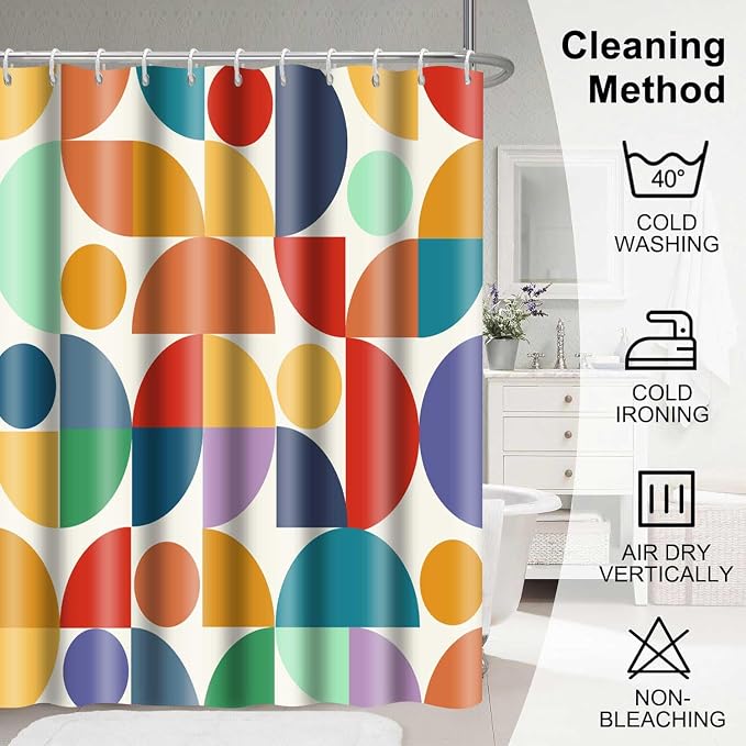 Vintage Colorful Rainbow Mid Century Shower Curtain Modern Abstract Geometric Art Bathroom Curtain Decor 72x72 Inch Washable Fabric Bright Retro Boho Circle Patterned Bath Curtain with 12 Hooks