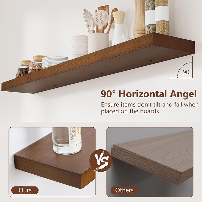 fuqing Rustic Floating Shelves, 48 Inch Floating Shelf Set of 2, Solid Wood Wall Mounted Shelves Dark Wood Shelves for Bedroom Bathroom Living Room - Dark Walnut