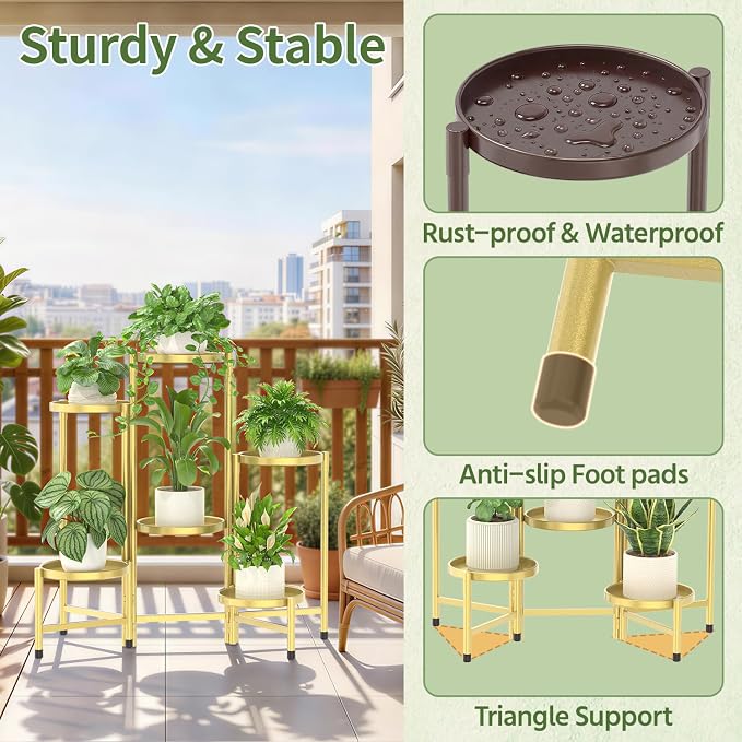 LASZOLA 6 Tier Large Plant Stand Indoor Tall with 10 Inch Metal Tray, Corner Folding Flower Display Rack, Modern Plant Holder Shelf for Outdoor Patio Porch Garden Office Living Room, Gold