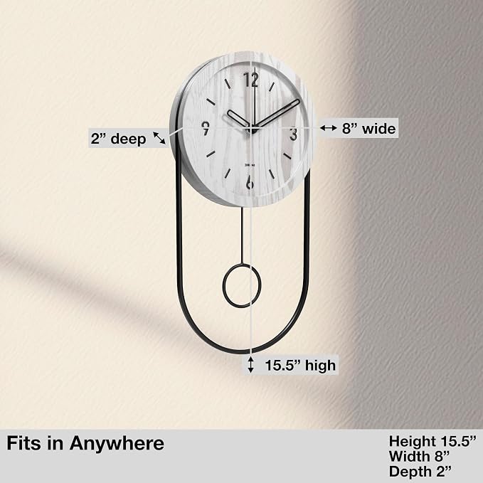 Driini Decorative Wall Clock with Pendulum (White) – Modern Wood, 3D Gold Numbers, Metal Frame – Small, Unique Wall Clocks for Living Room Decor or Bathroom - Battery Operated, Silent, Non-Ticking