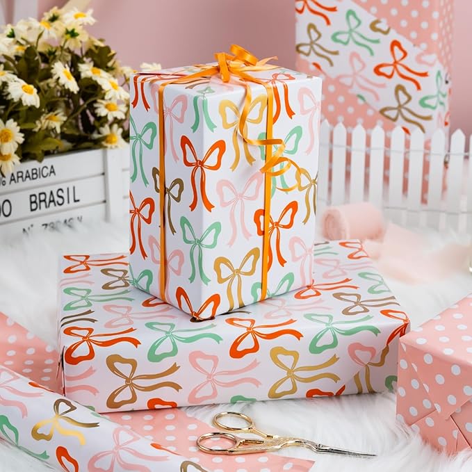 Burymento Bow Wrapping Paper Roll, Reversible Dot Design Gift Wrap for Birthday, Valentines, Mothers day, Graduation, Wedding, Fathers day, Baby Shower, Christmas (17 IN x 32.8 FT)