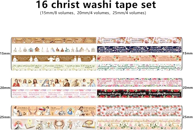 Bomichi Christian Washi Tape, 16 Rolls Aesthetic Colored Decorative Cute Scrapbook Tape for Scrapbooking Supplies Journaling Craft Junk Journal