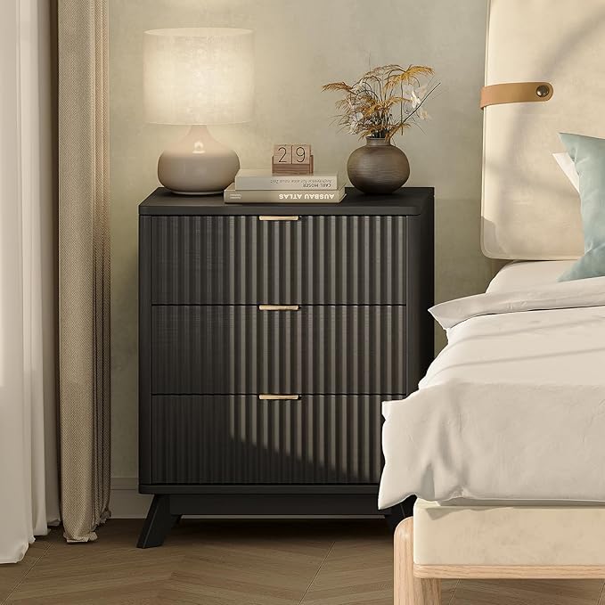 30" Tall Fluted NightStand,3 Drawers End Table with Charging Station,Modern Side Table with Storage, Night Stand Wood Bedside Tables for Bedroom,Curved Profile Design,Black