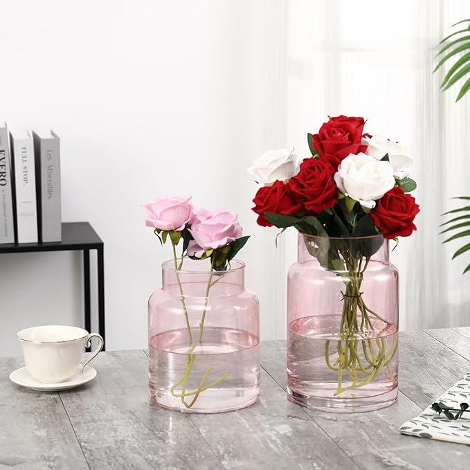 Large Glass Vase, Pink Glass Vase Set of 2, Large Flower Vases for Bouquet, Tall Wide Mouth Vases for Flowers, Home, Wedding, Living Room, Office Decor, 7"+9"