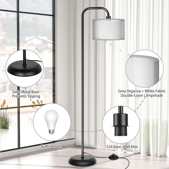 PARTPHONER LED Floor Lamp for Living Room, Modern Standing Lamp with Foot Switch Grey Organza Fabric Shade Tall Pole Reading Lamp for Bedroom Study Room Office, 9W Bulb Included