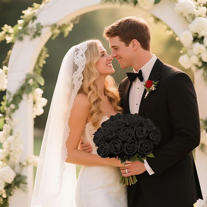 22 Pcs Artificial Roses - Realistic Velvet Flowers with Stems, Bulk Faux Roses for Home Wedding Party Decor (Black)
