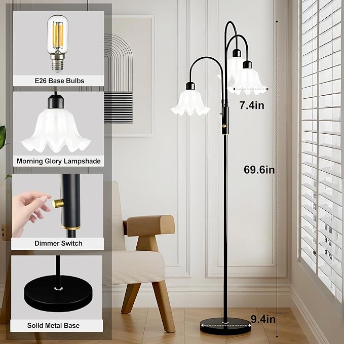 Lightdot 70IN Flower Floor Lamp for Living Room, 3 Light Dimmable Tree Floor Lamps with 3000K Bulb Included for Wedding/Party, Unique Floral Tall Lamp with 5Lbs Heavy Base for Bedroom/Sofa -Black