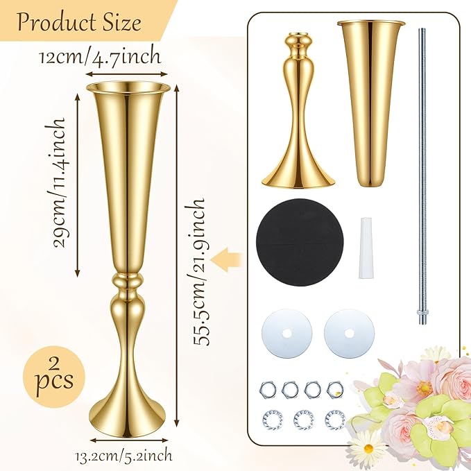 Set of 2 Tall Gold Vases for Centerpieces, 21.9" Metal Trumpet Flower Stand for Wedding Party Dinner Table Decor, Anniversary Celebration Gold Vase Centerpieces for Table
