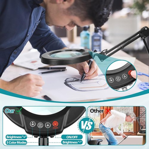 Seylae 10X Magnifying Glass with Light - 2-in-1 Desk Lamp & Clamp Light | 5 Color Modes, Dimmable LED