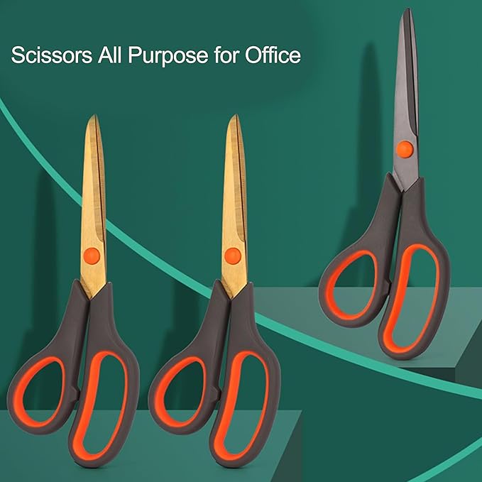 Scissors, Rkqoa 8" All Purpose Titanium Scissor Set of 3 Pack - 2.5mm Thick Sharp Scissors Bulk for Office School Sewing Craft Supplies, Classroom Must have, Teacher/Class Shears, Right/Left Handles
