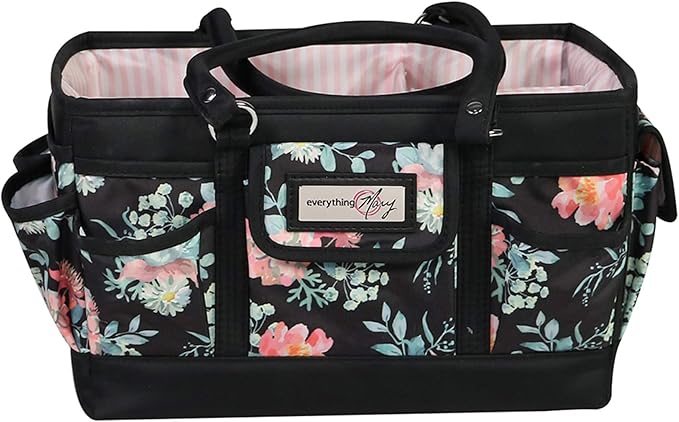 Everything Mary Deluxe Store & Tote Organizer – Black & Floral Craft Bag with Handle – Sewing, Scrapbooking & Art Supply Caddy – Stylish Storage for DIY Projects
