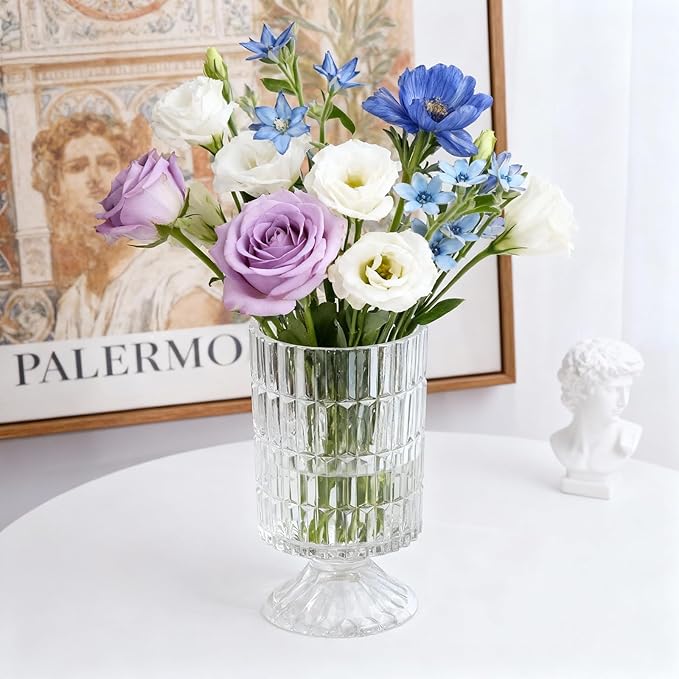 Pedestal Glass Vase, Textured Crystal Vase for Flowers, Bouquet, Vintage Transparent Vases 6.7 Inch, Decorative Flower Vases for Centerpieces, Dining Table, Home Decor, Office, Wedding, Party