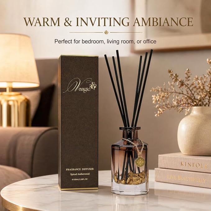 VANGIE Luxury Reed Diffuser for Home | Spiced Amberwood Warm & Woody Scent | Elegant Glass Bottle with Gold Flakes | Long-Lasting, Vegan | Bedroom, Living Room & Office